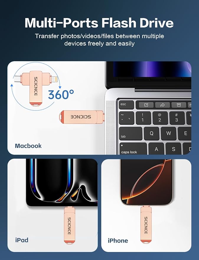 SCICNCE 256GB Flash Drive Intended for iPhone, USB Memory Stick Storage Backup for Photos Videos, Plug and Play No APP Required, Compatible with iPhone iPad Android and Computers (Rose Gold)