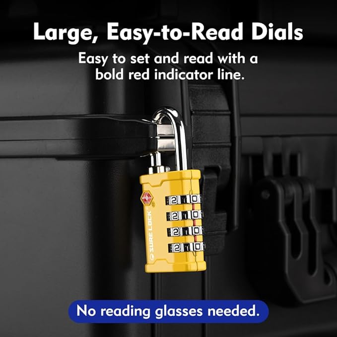 SURE LOCK TSA Accepted 4 Dig Heavy Duty Big Combination Luggage Padlock All Metal Travel Lock for Equipment Hard Case Luggage Gun Case Gym Locker Pelican Vault Lock (2, Yellow)