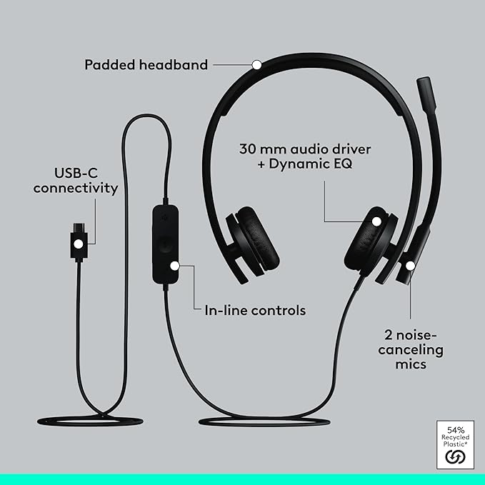 Logitech H570e USB Headset with Microphone for PC and Mac, USB-C Wired Headset with Stereo Sound, Noise-Canceling Mics and Inline Controls, Certified for Microsoft Teams, Black