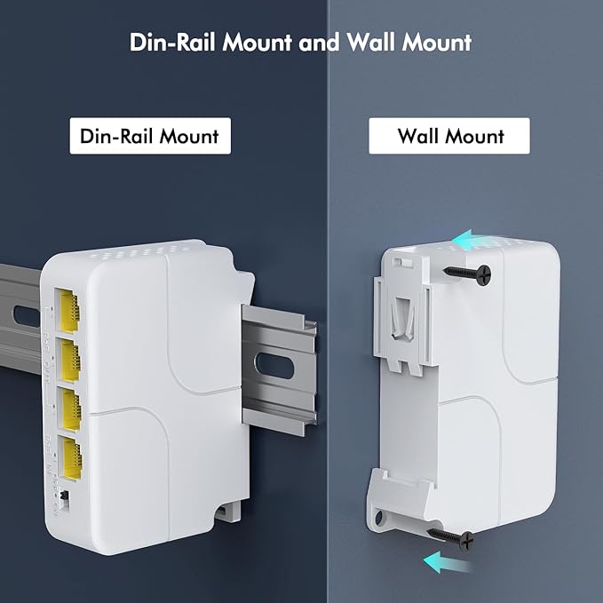 YuanLey 4 Port PoE Extender Gigabit with 3 PoE Out, IEEE 802.3af/at Mini 4 Channel Repeater 1000Mbps, VLAN, Wall and Din Rail Mount Passthrough POE Amplifier/Booster, Plug and Play