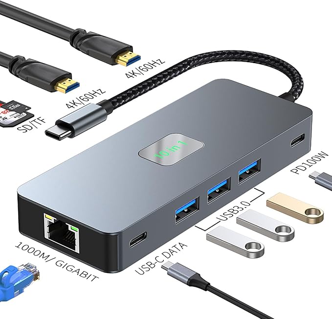 USB C to Dual Monitor DockingStation, USB C to Dual HDMI(4K@60Hz) Multiport Adapter, Thunderbolt 3 Hub (10 in 1 2HDMI 4K60Hz+ RJ45)