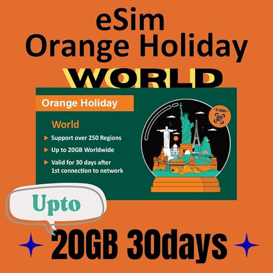 Orange Holiday Worldwide Prepaid eSIM Card 20GB Internet Data for 30 Days in 4G/LTE (Data tethering Allowed) + International SMS & Calls (International sim, Asia America Europe)
