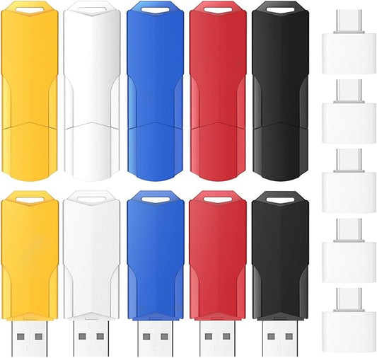 8GB Flash Drives 10 Pack Wooolken USB 2.0 Thumb Drives with 5 Pack USB C Adapters and Lanyards,Memory Sticks for Data Storage
