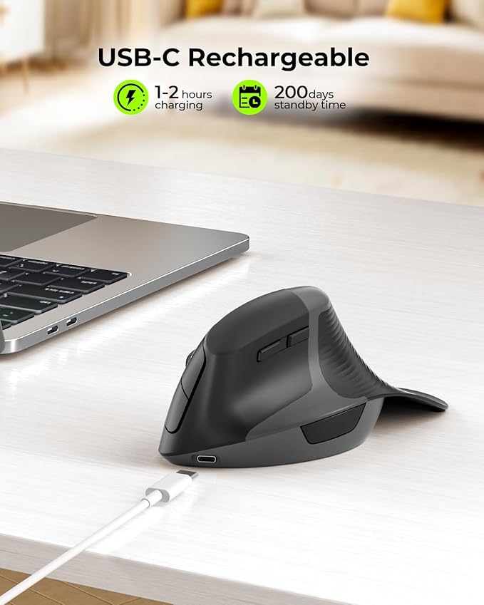 seenda Ergonomic Mouse Rechargeable, 2.4G USB & Type C Vertical Wireless Ergo Mouse with Instant Desktop Return Key, Quiet Click, Palm Rest, Anti-Slip Optical Mice for Mac OS, Windows PC Laptops