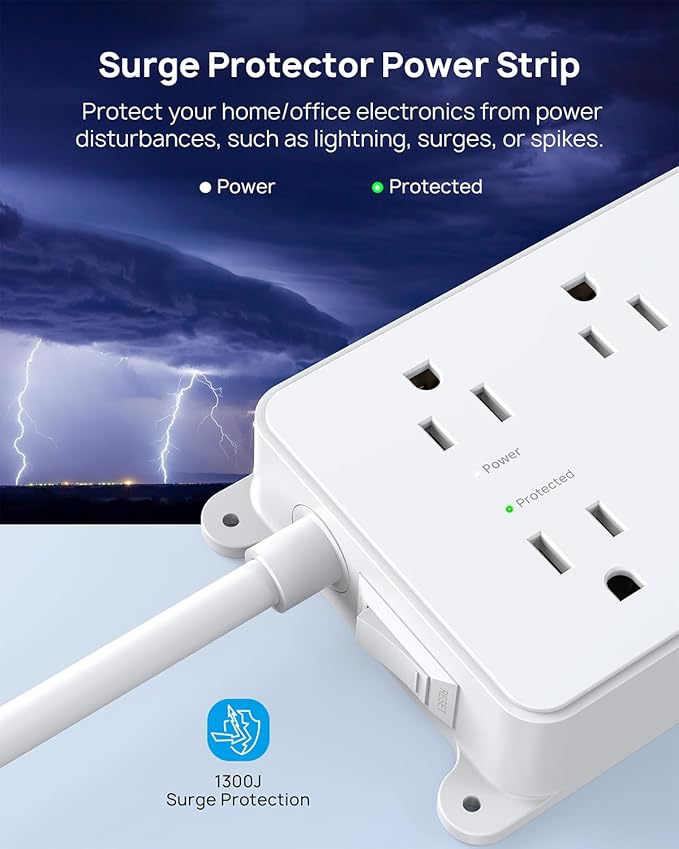 TROND Power Strip with USB, 10ft Extension Cord Surge Protector, 5 Widely Spaced Outlets with 3 USB Ports, ETL Listed, 1300J, Low-Profile Flat Plug, Wall Mountable, White