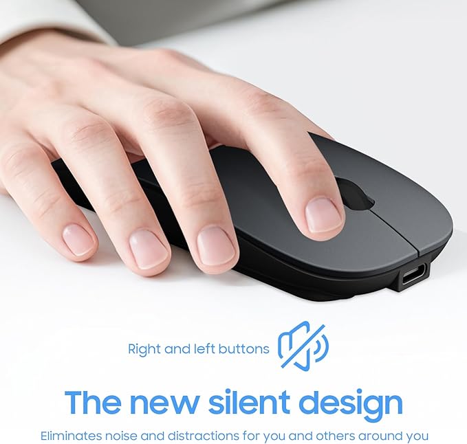 SUNGI Bluetooth Mouse,Wireless Slim Silent Mice USB Rechargable Mouse for iPad/MacBook/Tablet/PC/iPhone/Cellphone,Gray