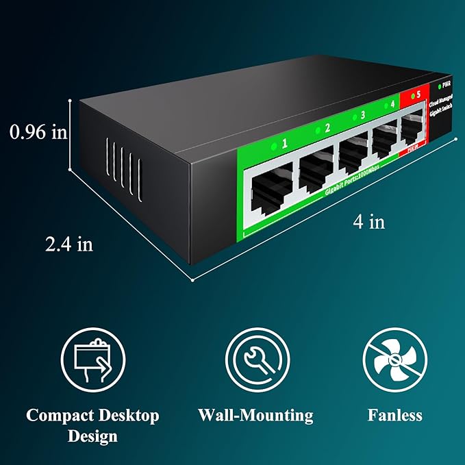 STEAMEMO 5-Port Gigabit Ethernet Switch | Smart Managed with VLAN/QoS | Plug & Play Desktop/Wall-Mount Network Hub w/ PoE in Design | Sturdy Metal & Energy-Efficient(Includes Power Adapter)