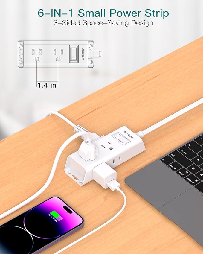 Flat Extension Cord 10 ft - Addtam Flat Plug Power Strip with 6 Outlets Extender, No Surge Protector for Cruise Ship, Dorm Room Travel Essentials, ETL Listed