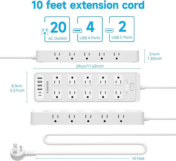 Power Strip Surge Protector Flat Plug with 20 AC Outlets 6 USB Chagring Ports, 1875W/15A, 2700J, 10 Ft Heavy Duty Extension Cord for Home, Office, Dorm, Gaming,ETL Listed (White, 10FT)