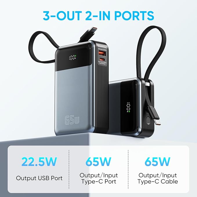 Laptop Power Bank,26800mAh Laptop Portable Charger with Built in Type-c Cable,65W Fast Charging,3-Port Battery Pack,Smart Display,for MacBook,iPad,iPhone,Switch,AirPods,Samsung