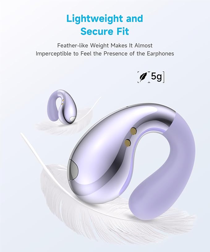 Ultra Ergonomic Clip-On Open Earbuds, Bone Conduction Over-The-Ear Headphones with Waterproof Design and Secure Fit for Small Ears, Lustrous Purple