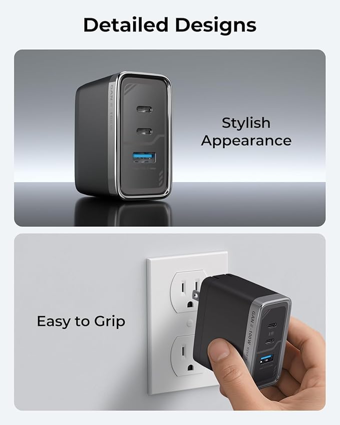 MUNBYN NexGo™ 100W GaN III 3-Port USB C Fast Charger Block with Compact Foldable Design, Fast Charging for MacBook Pro, iPhone 17/16/15Series, iPad, Galaxy S25/S24 and More,(3.3 Ft Cable Included)