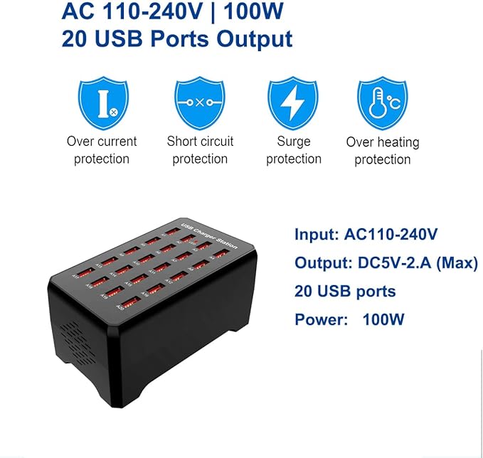 MaxLax 20-Port USB Charger Station, 100W/20A, Compatible with Smartphones, Tablets, and Other USB Devices
