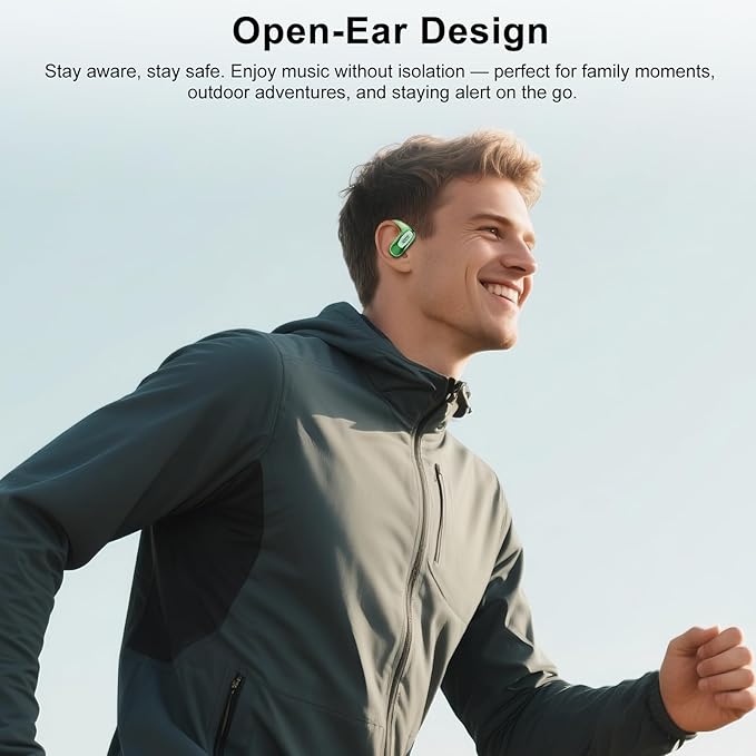 Open Ear Headphones, Bluetooth 5.4 Earbuds, 50H, Air Conduction Ear buds, HD Stereo Bass Over Ear Earphones with Earhooks, Ultra-Comfort Secure Fit, IPX7 Waterproof Headset for Working Sports, Green