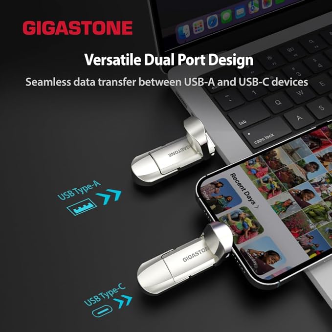 Gigastone Duo Pro Flip USB-A+C 512GB (2-Pack) Dual External Portable SSD 500MB/s Supports Apple 4K 60fps ProRes HDR Video Recording USB3.2 Gen 2 for iPhone 16 PS5 Mac iPad Laptop Android