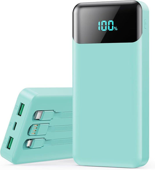 Portable Charger 40800mAh Power Bank with 3 Built-in Cables,PD 25W USB C in&Out Power Bank Fast Phone Charging,QC4.0 5 Output LED Display Battery Pack Compatible with iPhone 17/16,Galaxy,Android-Green