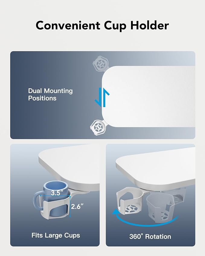 HUANUO Bedside Table with Wheels, Height-Adjustable Rolling Computer Cart, Overbed Table with Cup Holder, Pneumatic Laptop Standing Desk for Home Office, White (31.5" x 17.7")