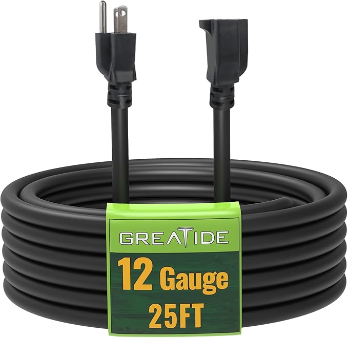 25 Ft Outdoor Extension Cord - 12/3 SJTW Heavy Duty Black Extension Cable with 3 Prong Grounded Plug - Power Cord for Lawn, Garden, Appliances