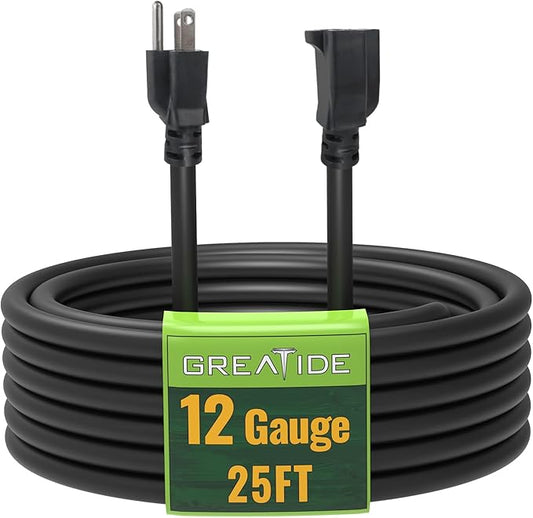 25 Ft Outdoor Extension Cord - 12/3 SJTW Heavy Duty Black Extension Cable with 3 Prong Grounded Plug - Power Cord for Lawn, Garden, Appliances