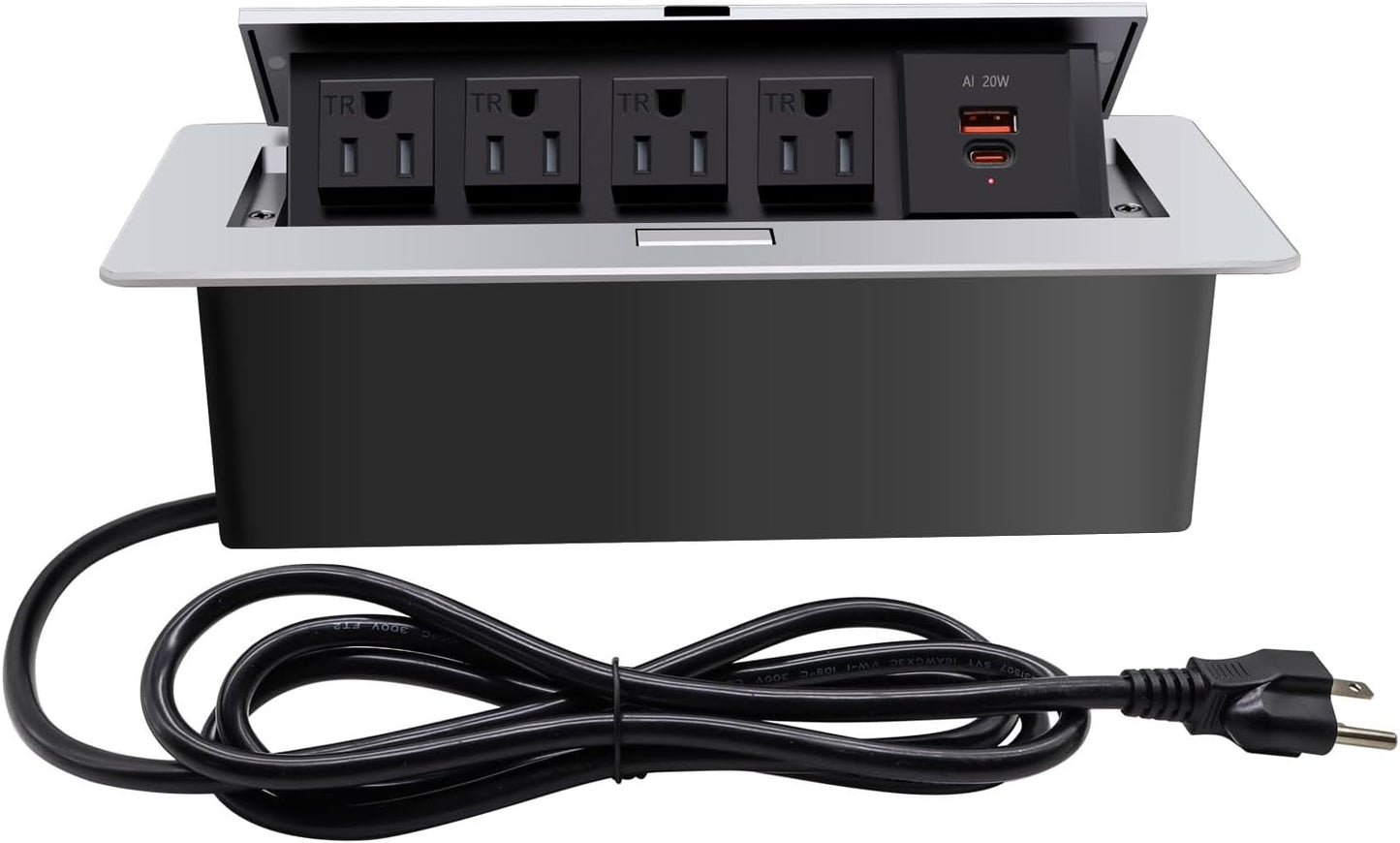Pop up Outlet; Power Strip; Embedded countertop Outlet; 4 Power Outlets with USB-C PD 20W Fast Charging 16AWG Power Cord; Suitable for Office, Conference, Home, Book Rooms -Silver