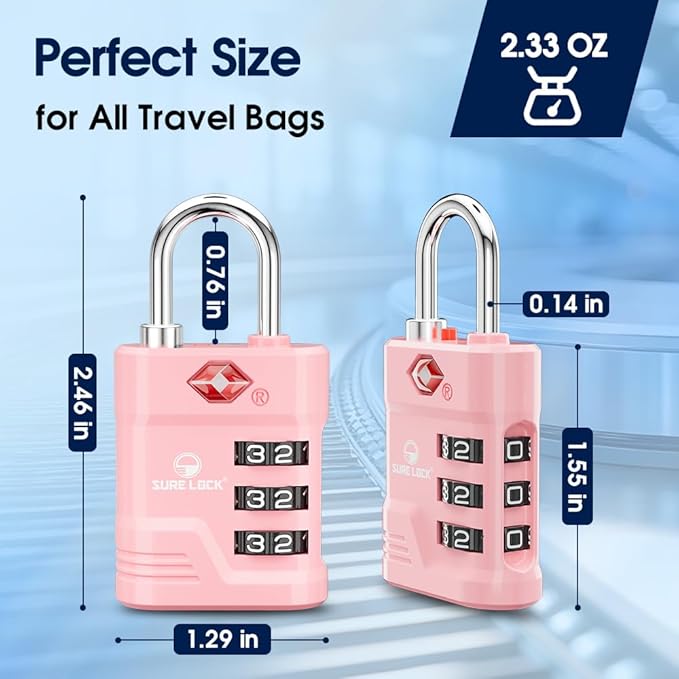 SURE LOCK TSA Locks for Luggage, TSA Approved Luggage Locks with Open Alert, TSA008 Key for High Security, Easy Read Dials, Zinc Alloy Body, Locker Lock for Suitcase, Gym, Travel(Pink 1 pk)