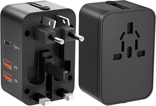 Travel Adapter with 2 USB A+1 USB C,Universal All in One Worldwide Travel Adapter,Power Converters Wall Charger,AC Power Plug Adapter,International Power Adapter for USA EU UK AUS Black