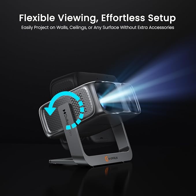 2000 ANSI Official Licensed Google TV Outdoor Projector 4K Full HD, Smart Projector with Wifi and Bluetooth, Auto Focus, Dolby Sound, Built-in Apps, HAPPRUN Indoor Home Theater with 270° Stand