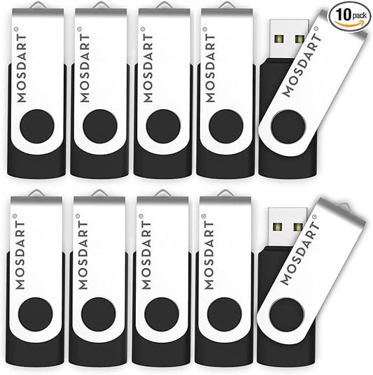MOSDART USB2.0 128MB(NOT 128GB) Flash Drive, Swivel Design with LED Indicator, Keychain Loop, FAT32 Memory Stick for Data Storage, Black(Pack of 10)