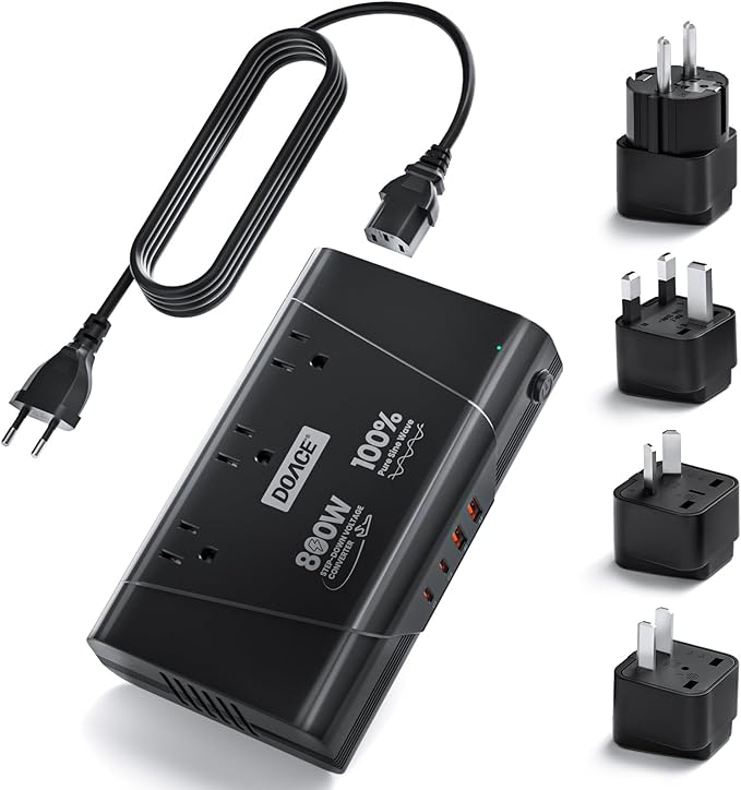 DOACE 800W Universal Travel Adapter: 220V to 110V Pure Sine Wave, EU Step-Down Transformer for 200+ Countries, 3 Outlets & 4 USB, Compatible with Phones, Hair Straighteners, Cameras
