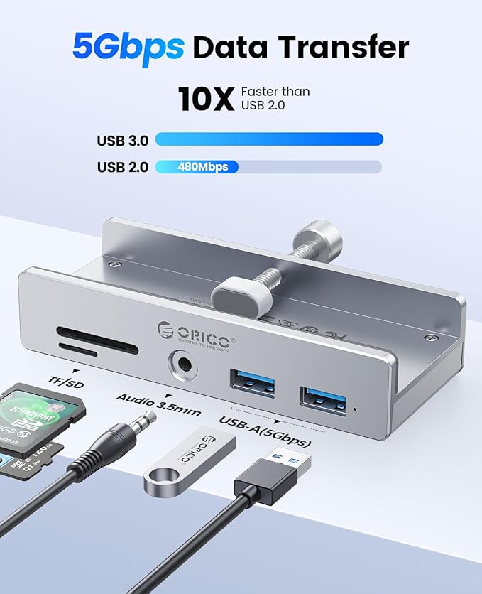 ORICO USB Hub 3.0, Clamp USB Hub with Extra Power Port, Aluminum USB C Adapter with 2 USB-A Data Ports,3.5mm AUX, SD/TF Card Reader for Desktop(Silver)