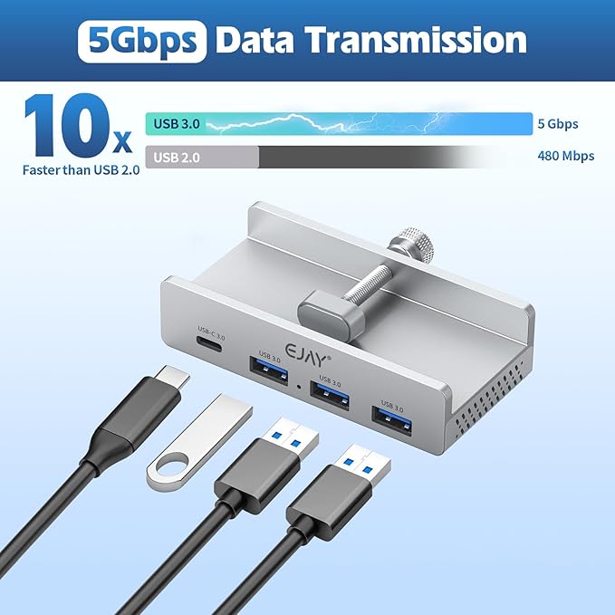EJAY Mountable 4Ports USB3.0 HUB Alu Desktop Clamp Type C USB3.0 Splitter for Desk/Monitors with Extra Power Supply Port,59inches Data & 39inches Power Cables-5Gbps (BJ-3A1C-SV)