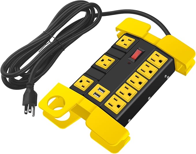 CCCEI Heavy Duty Power Strip with USB, Workshop 8 Outlet Surge Protector 2700 Joules, Industrial Metal 15Amp Power Strip, 20 FT Extension Cord and Wide Spaced Black.