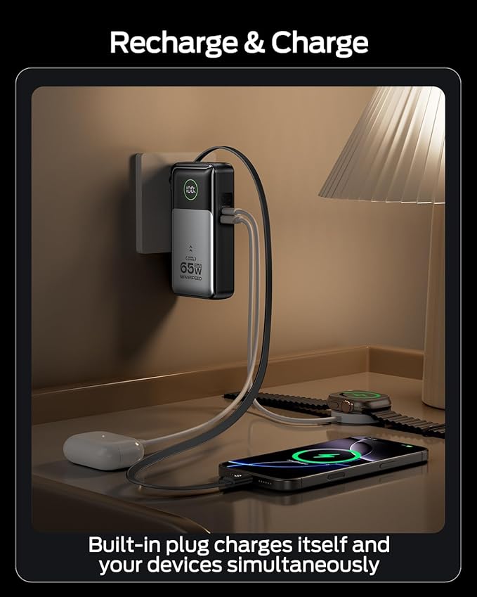 MOVE SPEED Portable Charger Laptop Power Bank 20000mAh 65W, Travel Essentials Battery Pack with Built-in Retractable USB-C Cable & Wall Plug, for MacBook/iPhone 17/16/15/iPad/Galaxy/Dell/HP and More