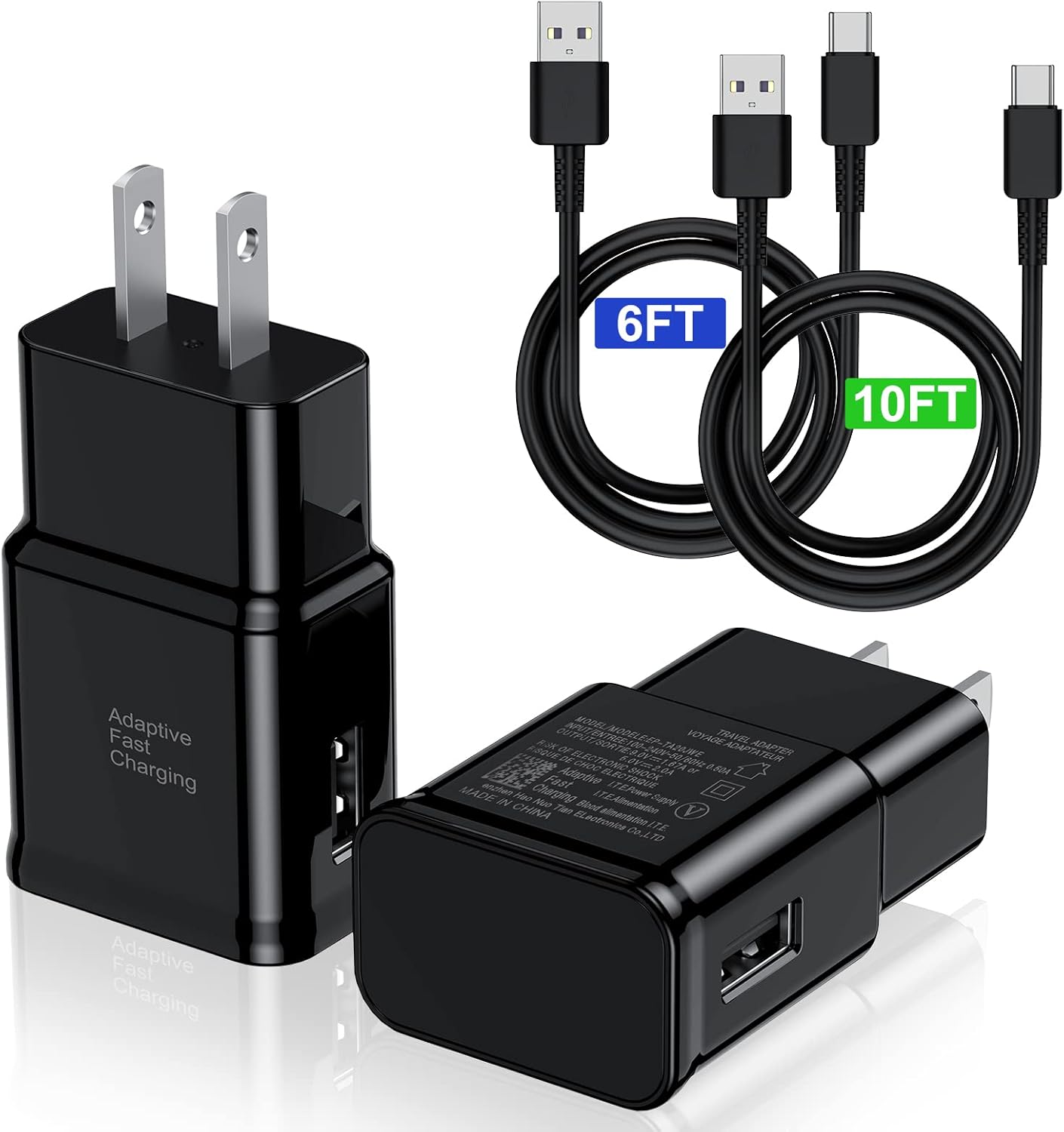 Type C Charger Fast Charging, 2 Pack USB Android Phone Wall Block & 1x 6ft 10ft Charge Cable Cord, for Samsung Galaxy S8/ S9/ S10 Plus Active S10e, S20/ S21 Ultra Plus, Note 8 9 10 (CA-57T)