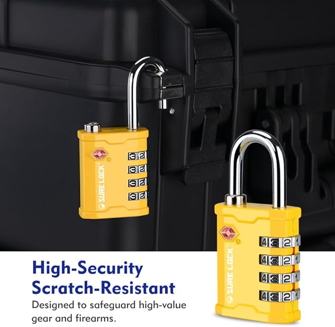 SURE LOCK TSA Accepted 4 Dig Heavy Duty Big Combination Luggage Padlock All Metal Travel Lock for Equipment Hard Case Luggage Gun Case Gym Locker Pelican Vault Lock (2, Yellow)