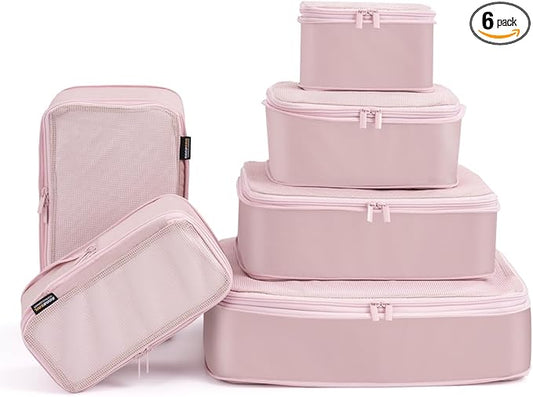 6 Set Compression Packing Cubes, Suitcase Storage Bags for Clothes and Travel Essentials (Dusty Pink)