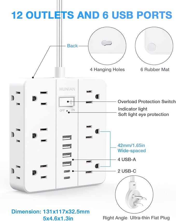 Flat Plug Surge Protector Power Strip, HUNIAN 12 Widely Spaced Outlets with 6 USB Charger (2 USB C Ports), 10 Ft Extension Cord Desk Charging Station for Home Office Supplies, Dorm Room, White