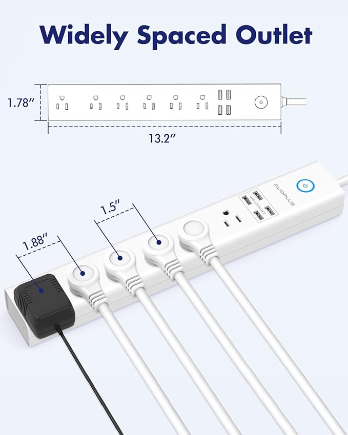 15 Ft Power Strip Surge Protector, 6 Outlets and 4 USB Ports, Flat Plug Power Strips Long Extension Cord with Overload Protection, Wall Mount for Home, Office, Dorm, ETL Listed White