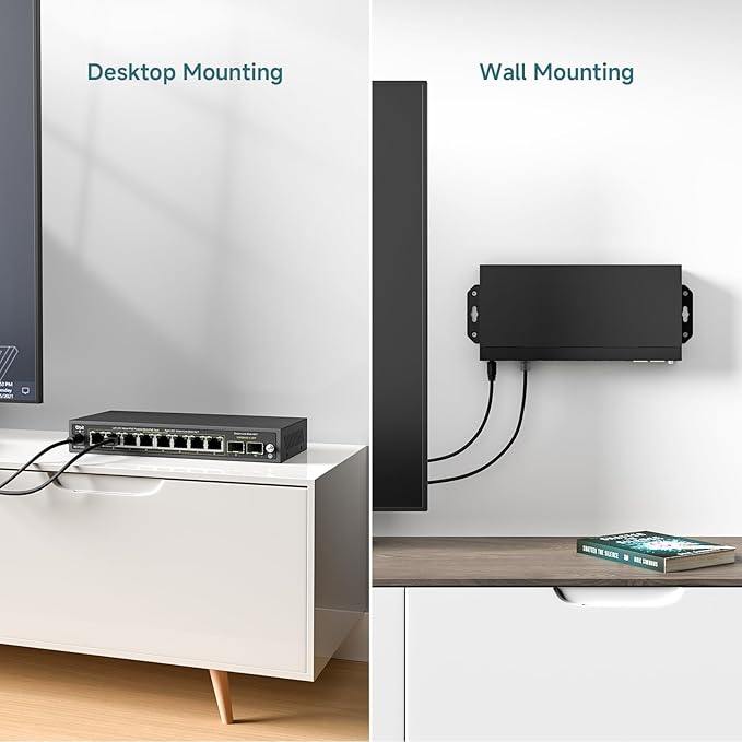 DBIT 10-Port Gigabit Network Switch with 8 PoE+ Ports @125W with 2 Combo SFP Slots, Unmanaged PoE Switch, 802.3af/at Compliant, Desktop/Wall-Mount, Plug & Play, VLAN Mode, Metal Case Fanless (WS2082A)