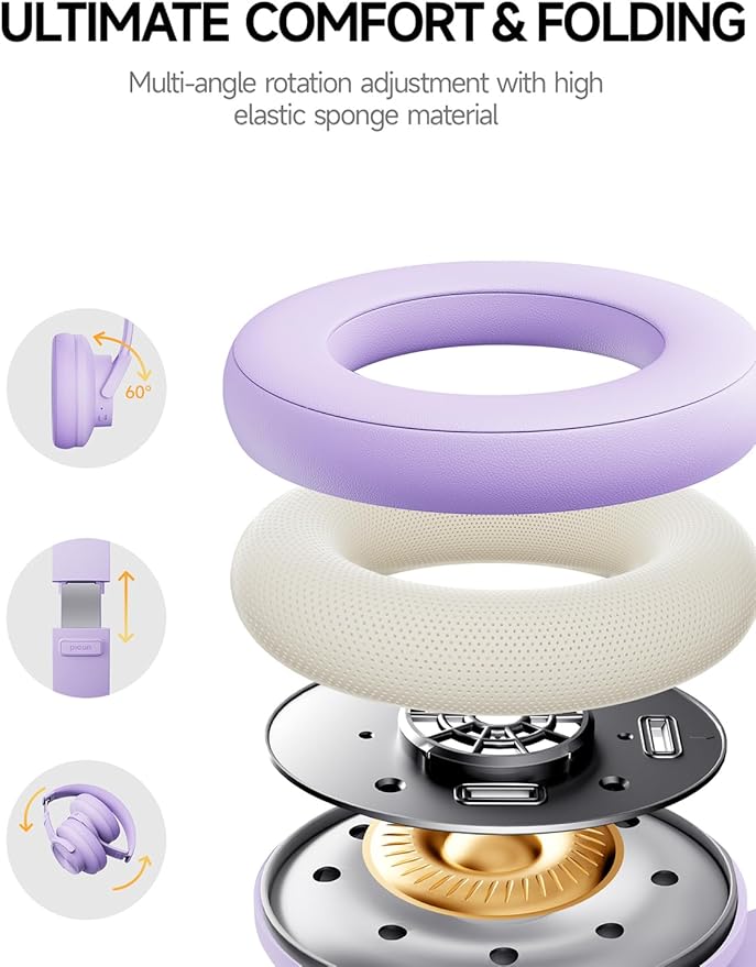 Picun B8 Headphones Wireless Bluetooth, 120H Bluetooth Headphone Over Ear with 3EQ Music Modes, Hands-Free Calls, Deep Bass Headphones for Travel Home Office Cellphone PC (Purple)