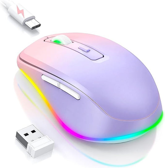 PEIOUS Wireless Mouse Jiggler - LED Wireless Mice with Build-in Mouse Mover, Rechargeable Moving Mouse for Laptop with Undetectable Random Movement Keeps Computers Awake - Purple to Pink
