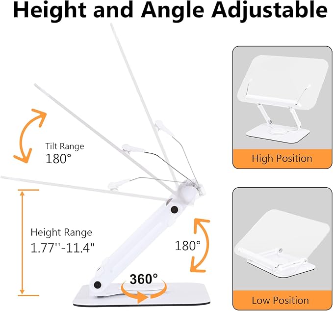 ASIEIT Book Stand for Reading, Acrylic Adjustable Book Holder with 360° Rotating Bases & Elastic Page Clips, Foldable Desktop Riser, Multifunctional Display Stand for Bible, Laptop, Recipe, Textbook
