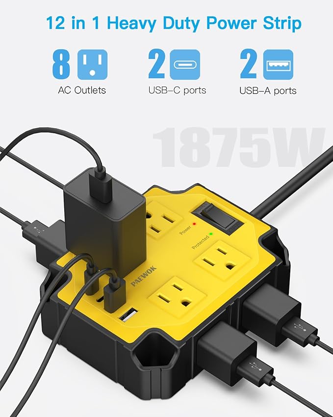 8-Outlets Heavy Duty Power Strip with 4 USB Ports(2 USB-C), Industrial Magnetic Surge Protector Power Strip 15 Amps/1200 Joules, 6.5 Ft Multi-Plug Electric Extension Cord for Workshop Garage (Yellow)