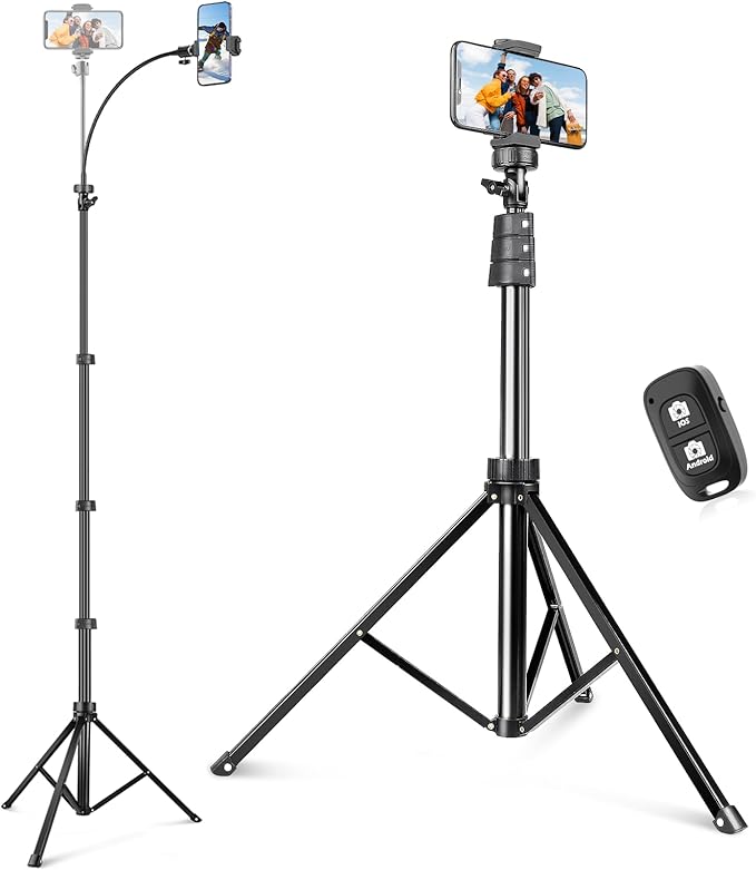 Sensyne 88" Phone Tripod, Selfie Stick Tripod with 14.95" Flexible Gooseneck, Overhead Cell Phone Stand for Video Recording, Photography, Compatible with Phone, Camera