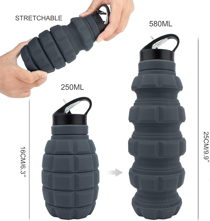 QiCheng&LYS 19.5oz Collapsible Travel Water Bottle, Reuseable BPA Free Silicone Foldable Water Bottles for Travel Gym Camping Hiking, Portable Leak Proof Sports Water Bottle with Carabiner(Gray)