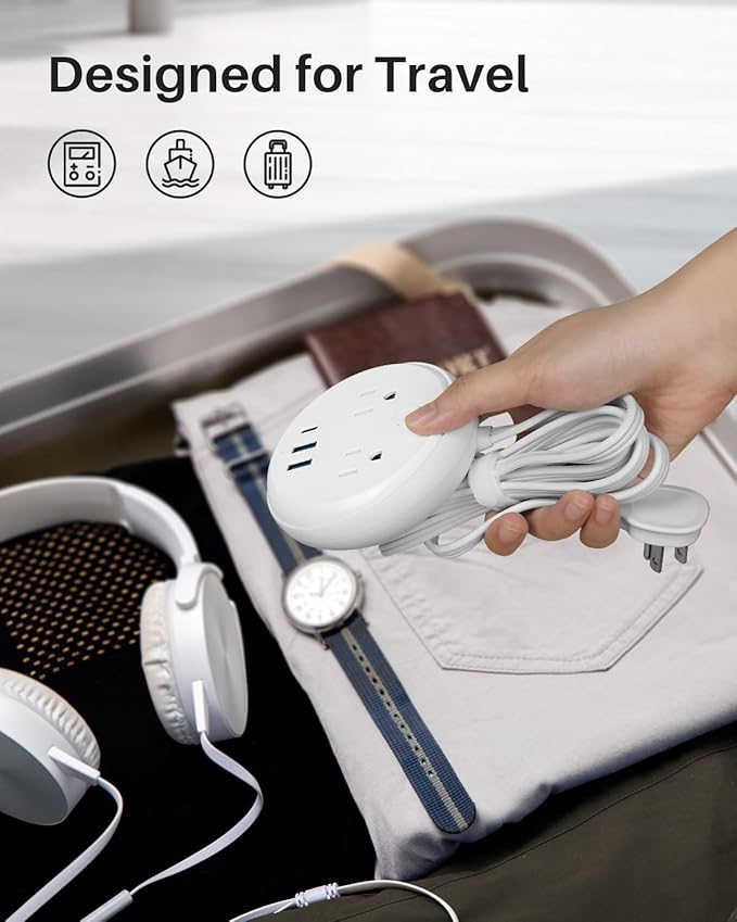 Flat Plug Power Strip with USB C Ports, KOOSLA Travel Extension Cord No Surge Protection - 2 Outlets 3 USB Ports(1250W) - Cruise Essentials for Cruise Ship, Home, Office, Dorm Room, 10ft