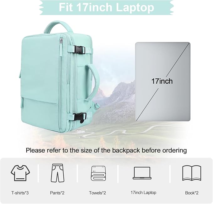 Hanples Large Travel Backpack for Women as Person Item Flight Approved, 35L Carry on Backpack, 17 Inch Laptop Backpack, Waterproof Backpack,Casual Bag with 2 Toiletry Bags (Mint Green)