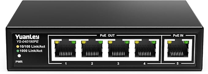 YuanLey 5 Port PoE Extender Gigabit with 4 PoE Out, 90W in, IEEE 802.3af/at/bt Mini 5 Channel Switch1000Mbps, Metal Casing, 6KV Lightning Protection, Passthrough Switch, Plug and Play