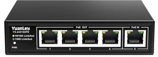 YuanLey 5 Port PoE Extender Gigabit with 4 PoE Out, 90W in, IEEE 802.3af/at/bt Mini 5 Channel Switch1000Mbps, Metal Casing, 6KV Lightning Protection, Passthrough Switch, Plug and Play