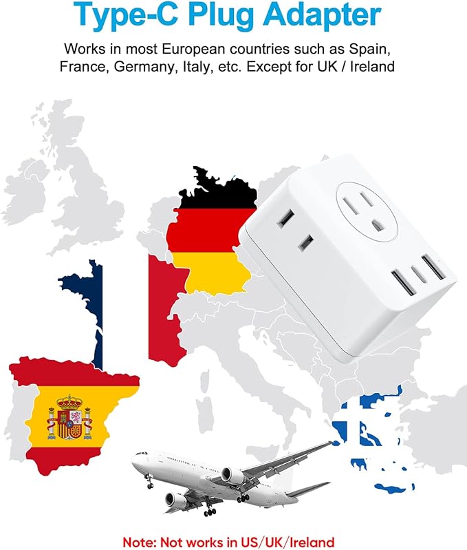 2 Pack Foldable European Travel Plug Adapter, kakyanill 7-in-1 European Plug Adapter with 4 Outlets 3 USB Charging Ports, Type C Plug from US to Most of Europe Spain Italy Germany France
